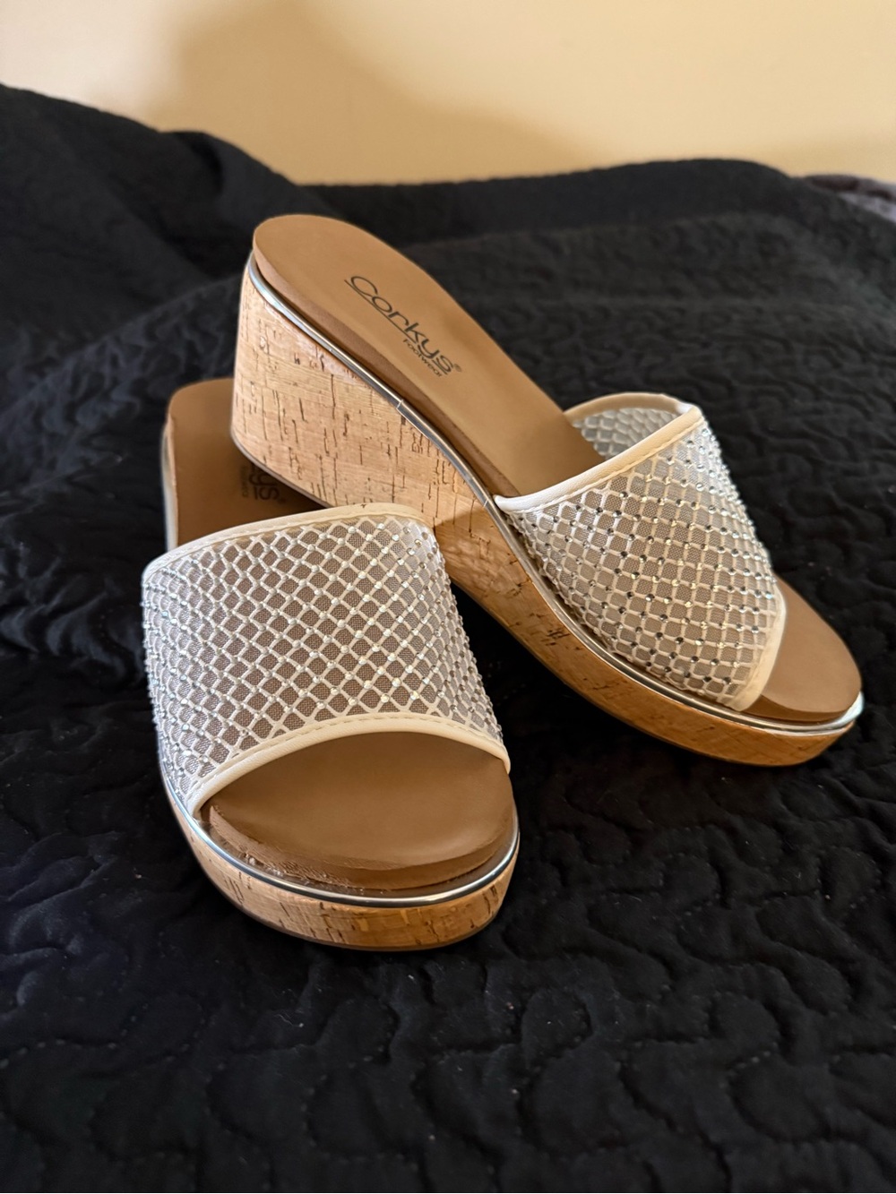 Corkys Cream Mesh Cork Platform Slide Wedges